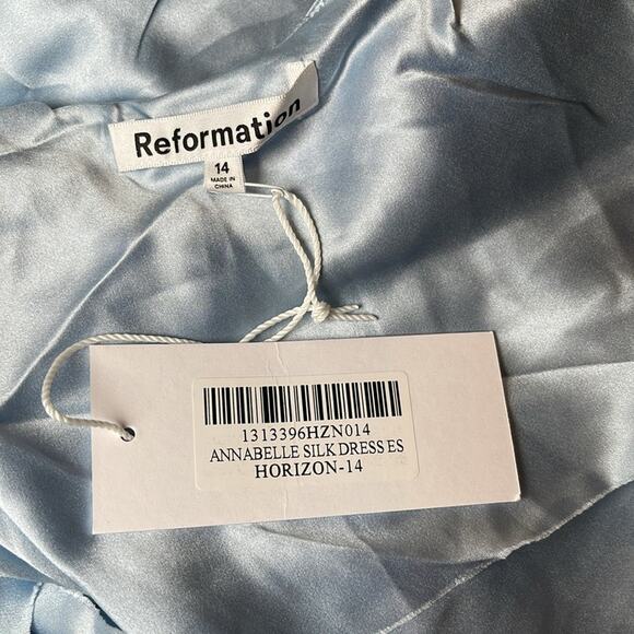 REFORMATION Annabelle Silk Cowl Neck Ruched Draped Horizon Blue Maxi Dress Sz 14 - Picture 6 of 7